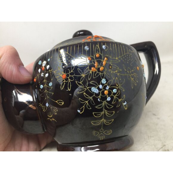 Vintage Mid Century Brown Handled and Lidded Teapot with Flower Design - Picture 6 of 9